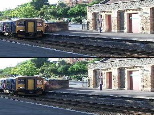 Split image of train coming into station