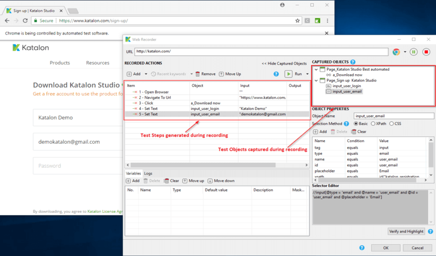 Test steps generated, test objects captured during recording