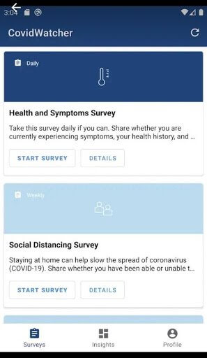 CovidWatcher Health and Symptoms Survey screen