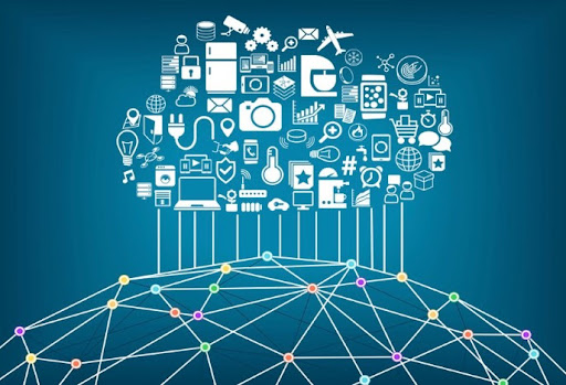 Internet of things product design and development graphic with smart devices and cloud