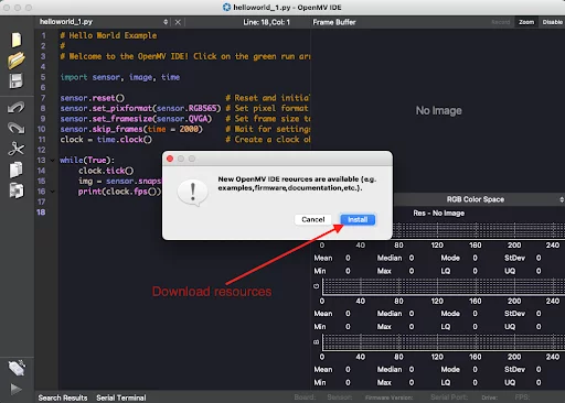 Image illustrating where to click (Install) to download OpenMV IDE resources