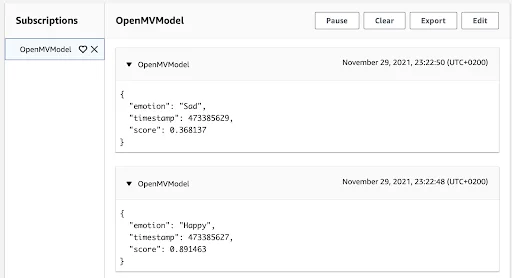 Image showing information sent from the OpenMV Cam edge device up to the AWS cloud