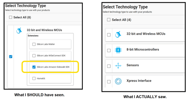 Silicon Labs Test kit for Amazon Sidewalk SDK missing option