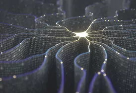 Artificial neuron in concept of artificial intelligence. Wall-shaped binary codes make transmission lines of pulses and/or information in an analogy to a microchip. Neural network and data transmission.