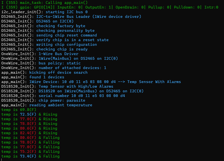 1-Wire Sensor Demo Project Output