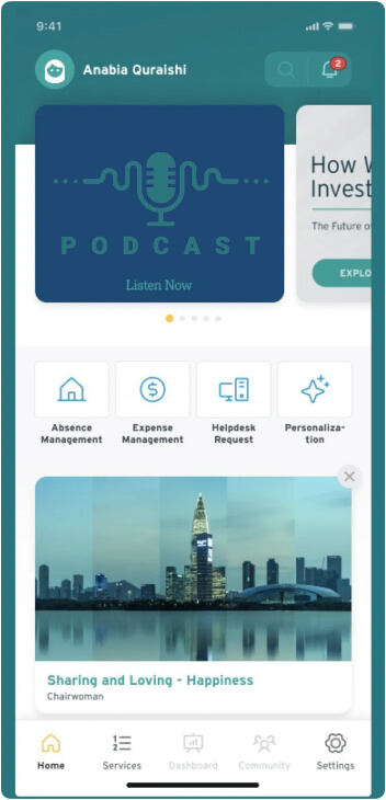 A mobile app home screen for an enterprise employee portal featuring a personalized user greeting, quick action buttons, and a featured card announcing a new headquarters with a city skyline illustration.