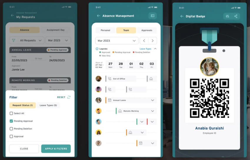 Three enterprise mobile app screens displaying employee self-service features, including a dashboard for leave requests, an absence management screen with time-off balances, and a digital employee ID badge with a QR code.