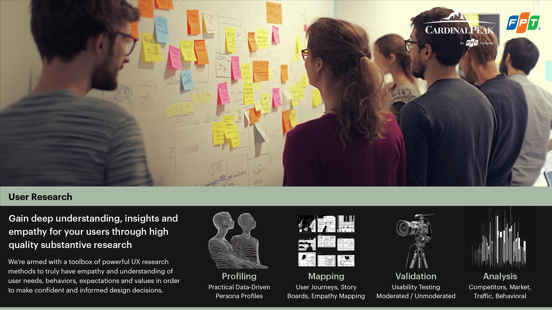 Cardinal Peak design and engineering team analyzing user research findings on a whiteboard covered in sticky notes.