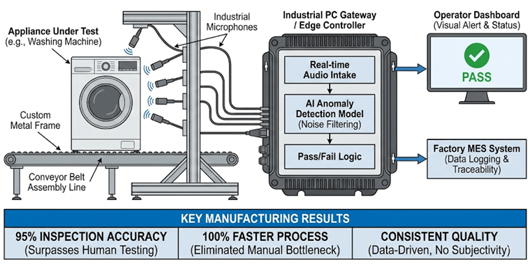 – Technical diagram of a custom AI test equipment engineering setup on a factory floor, showing industrial microphones, an edge controller running an acoustic anomaly detection model, and integration with a factory MES system.