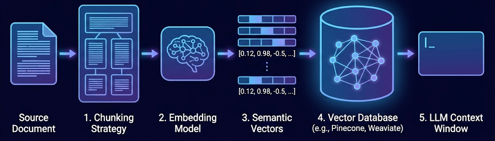 Vector database implementation services architecture diagram detailing the RAG sub-system. A source document is processed through a chunking strategy and an embedding model to generate semantic vectors. These numerical arrays are then stored in a vector database, such as Pinecone or Weaviate, which feeds directly into an LLM context window for chat applications.