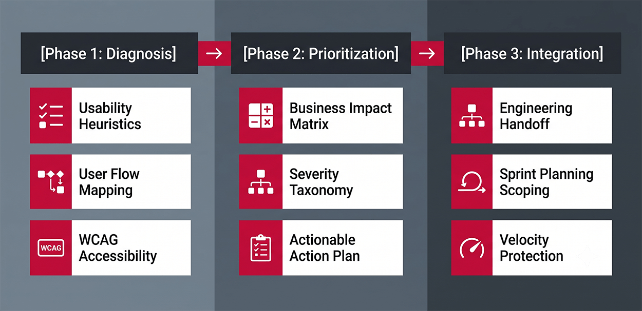 Architectural system diagram illustrating Cardinal Peak's three-phase UX audit framework: Diagnosis, Prioritization, and Integration for software product engineering optimization.