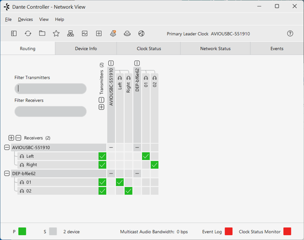 Dante Controller network view displaying audio routing from a DEP device to an AVIO USB-C adapter for external loopback testing.
