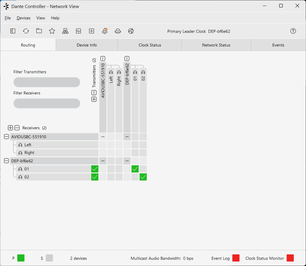 Dante Controller software interface showing routing configuration for an internal audio loopback on a Raspberry Pi 4 DEP device.