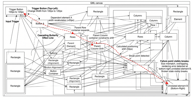 Wireframe diagram illustrating a cascading layout failure in a legacy QML canvas. A red dashed line traces a dimension change from a top-left trigger button through a complex web of anchor dependencies, resulting in a rendering overlap on an unrelated UI element in the bottom-right.
