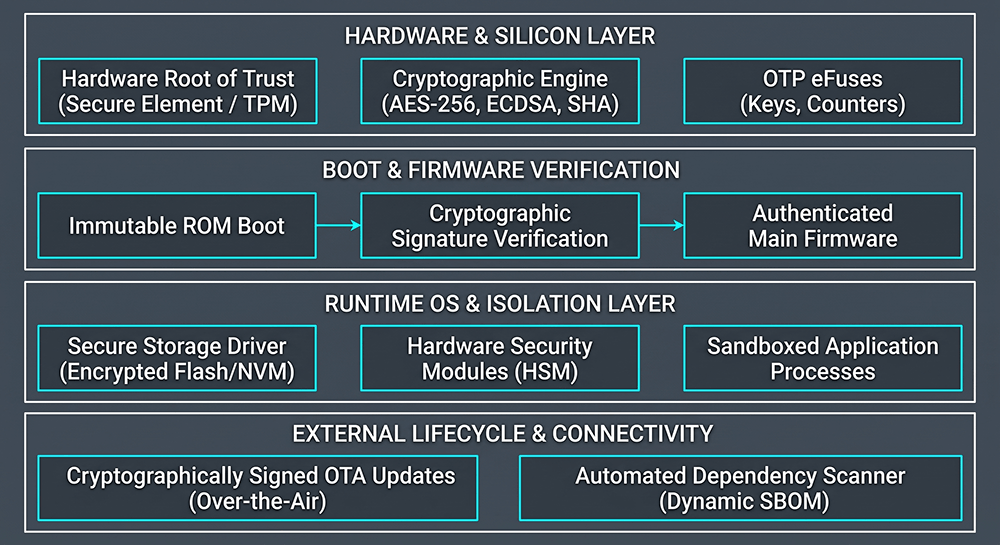 Block diagram illustrating end-to-end secure system architecture for EU CRA compliance, featuring hardware root of trust, firmware verification, runtime isolation, and signed OTA updates.