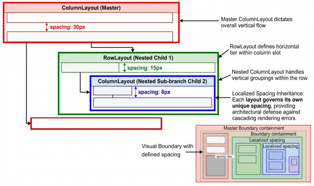 Architectural block diagram demonstrating modern Qt QML layout nesting. A master ColumnLayout contains a nested RowLayout, which houses a nested ColumnLayout sub-branch. The schematic highlights how each structural layer governs unique boundary containment and localized spacing to prevent rendering errors.